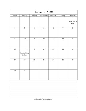 2028 calendar january with holidays and notes portrait