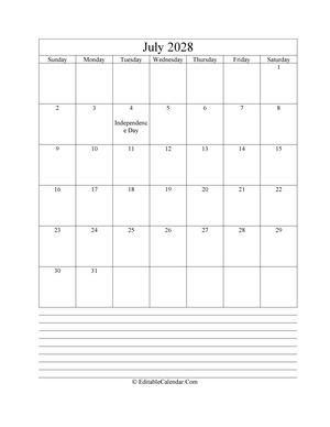 2028 calendar july with holidays and notes portrait