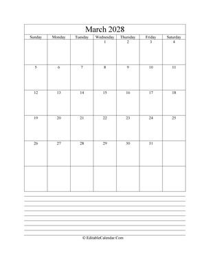 2028 calendar march with holidays and notes portrait