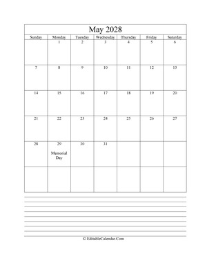 2028 calendar may with holidays and notes portrait