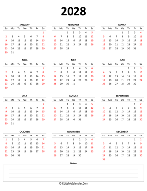 2028 yearly calendar with notes (portrait)