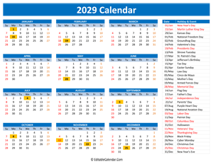 2029 printable calendar holidays blue style