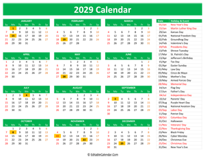 2029 printable calendar holidays green style
