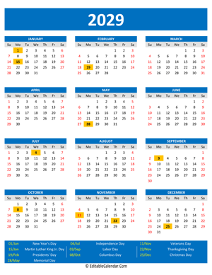 2029 printable calendar holidays portrait blue style
