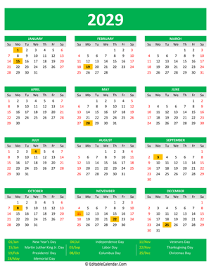 2029 printable calendar holidays portrait green style