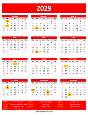 2029 printable calendar holidays portrait red style