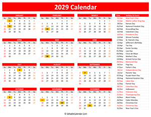 2029 printable calendar holidays red style