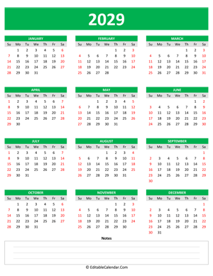 2029 yearly calendar notes portrait green style