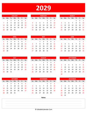2029 yearly calendar notes portrait red style