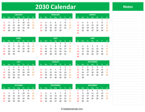 2030 yearly calendar notes green style
