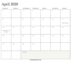 april 2020 editable calendar with holidays