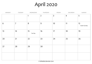 april 2020 printable calendar holidays