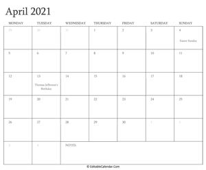 april 2021 editable calendar with holidays