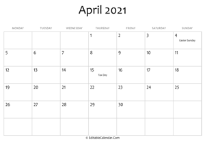 april 2021 printable calendar holidays