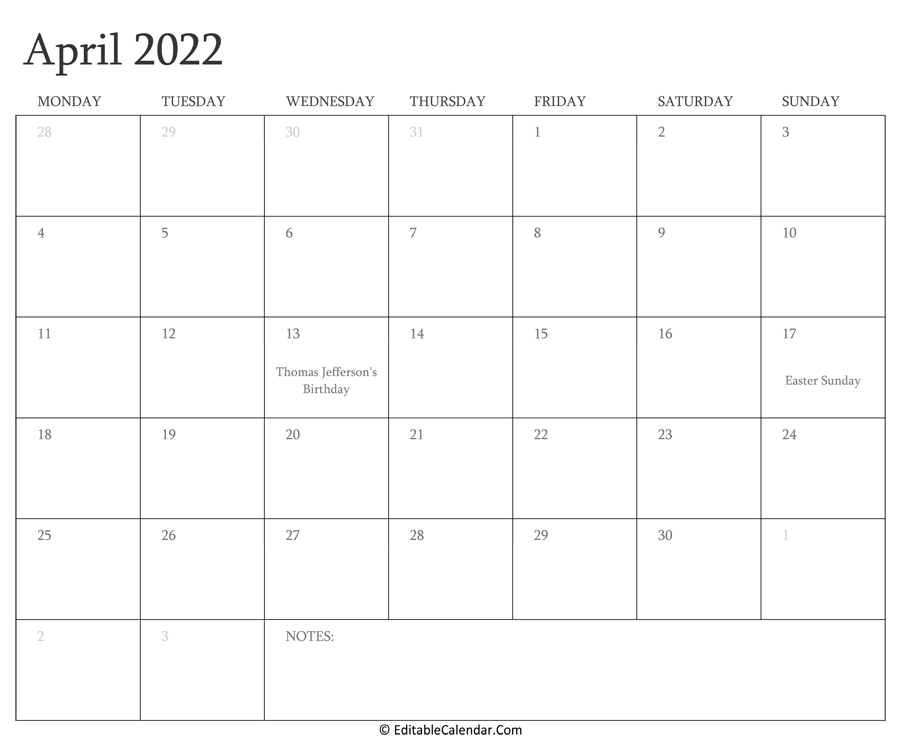 april 2022 editable calendar with holidays