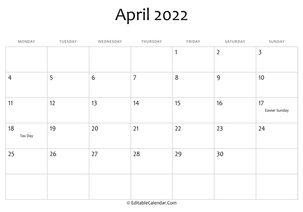 Editable Calendar April 2022
