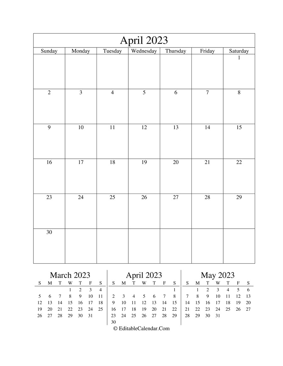 Editable Calendar April 2023