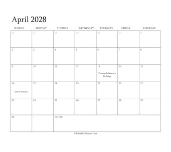 april 2028 editable calendar with holidays
