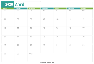 april calendar 2020 printable