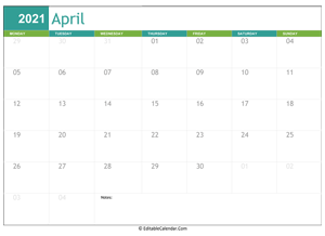 april calendar 2021 printable