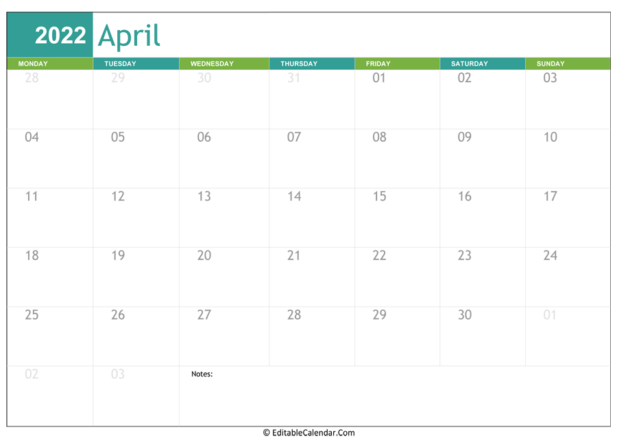 april calendar 2022 printable