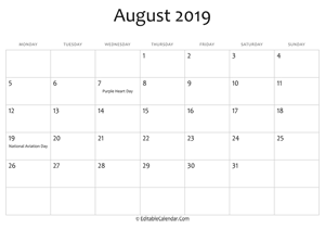 august 2019 printable calendar holidays