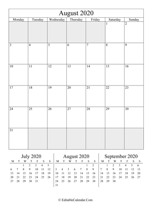 august 2020 editable calendar portrait