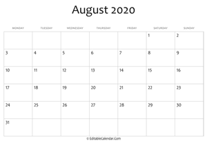 august 2020 printable calendar holidays