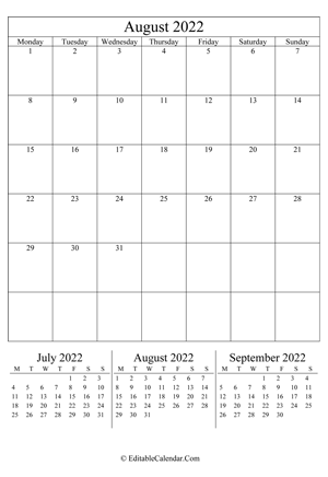 august 2022 editable calendar portrait