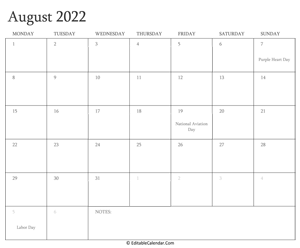august 2022 editable calendar with holidays