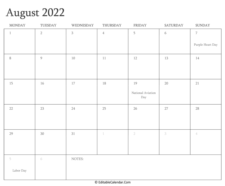August 2022 Editable Calendar with Holidays