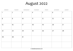 august 2022 printable calendar holidays