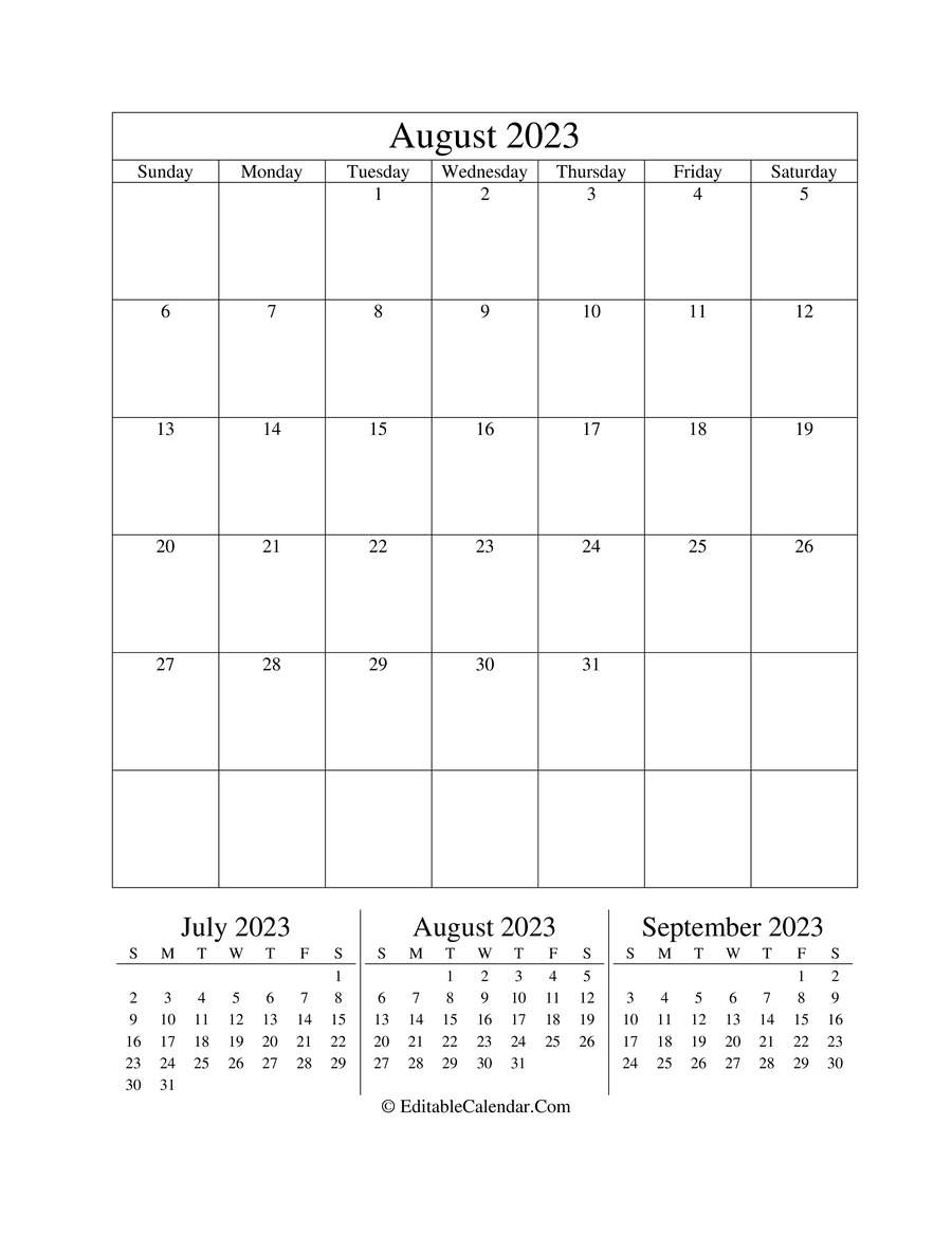 august 2023 editable calendar portrait