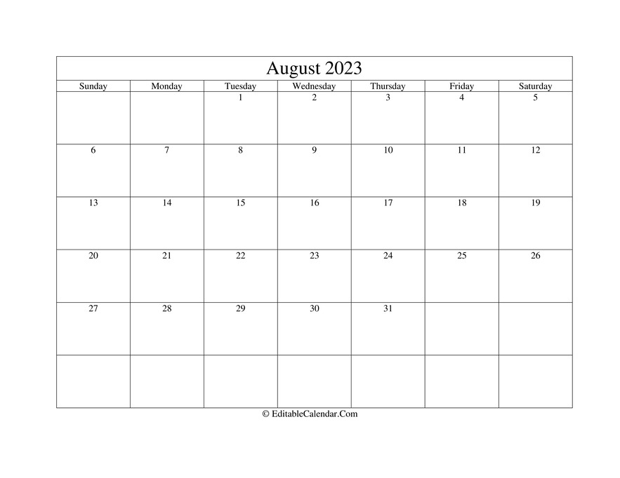 August 2023 Printable Calendar with Holidays