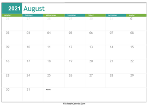 august calendar 2021 printable