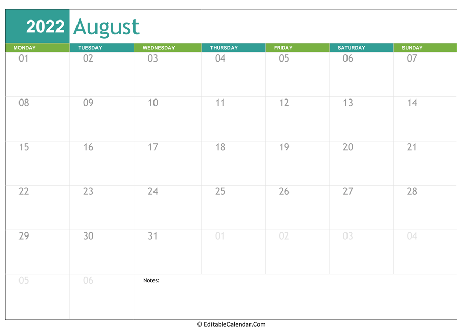 august calendar 2022 printable