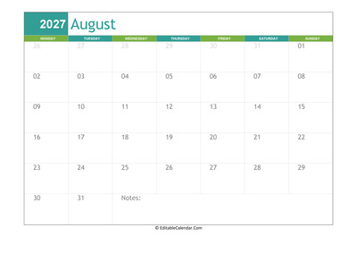 august calendar 2027 printable