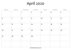 blank april calendar 2020