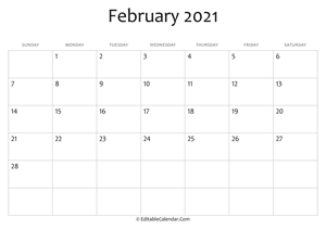 blank february calendar 2021