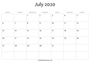 blank july calendar 2020