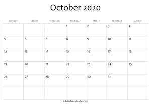 blank october calendar 2020