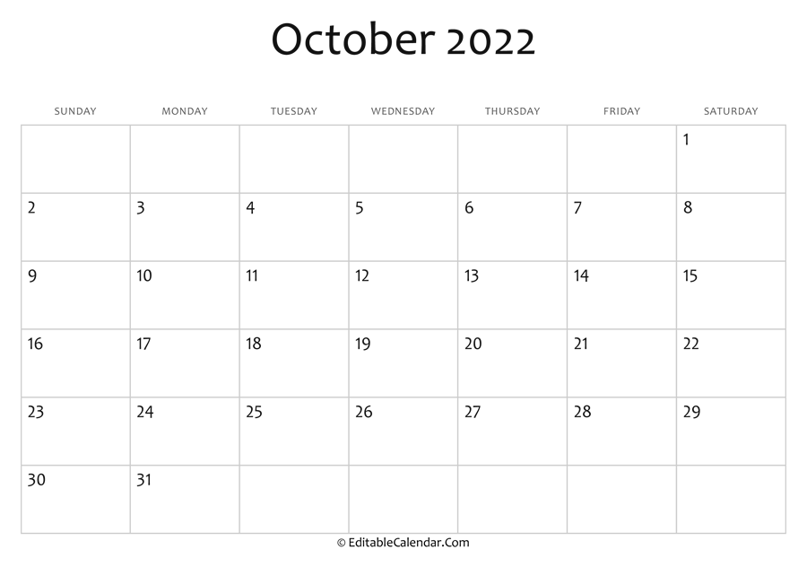 October 2022 Printable Calendar with Holidays