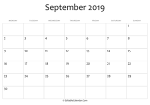 blank september calendar 2019