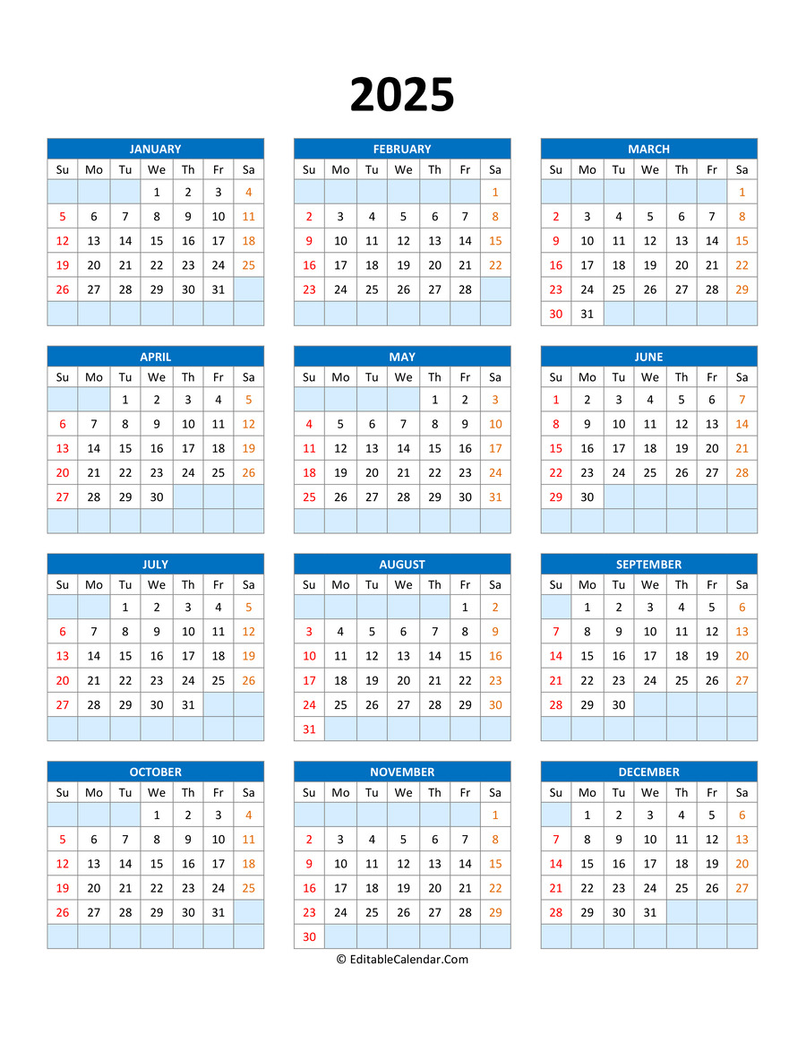 Editable Calendar Template 2025