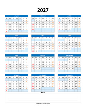 fillable calendar 2027 with notes blue style