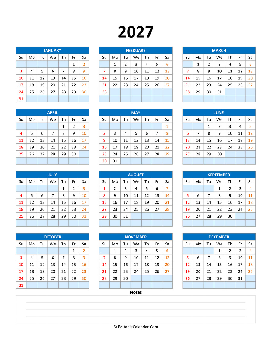 Fillable Calendar 2027 With With Notes