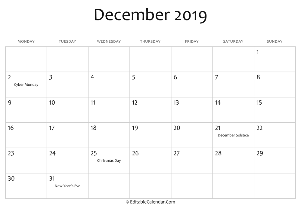 December 2019 Printable Calendar with Holidays