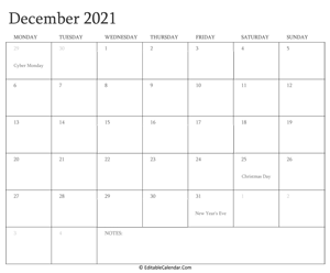 december 2021 editable calendar with holidays