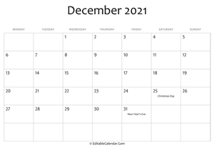 december 2021 printable calendar holidays