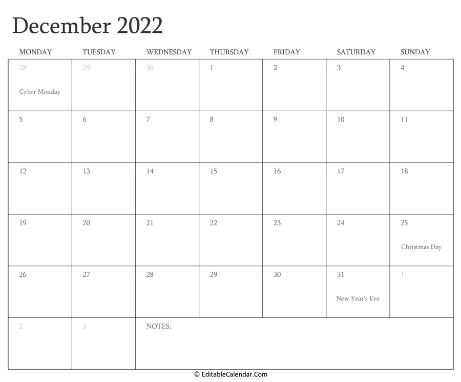 Editable Calendar 2022 December 2022 Editable Calendar With Holidays